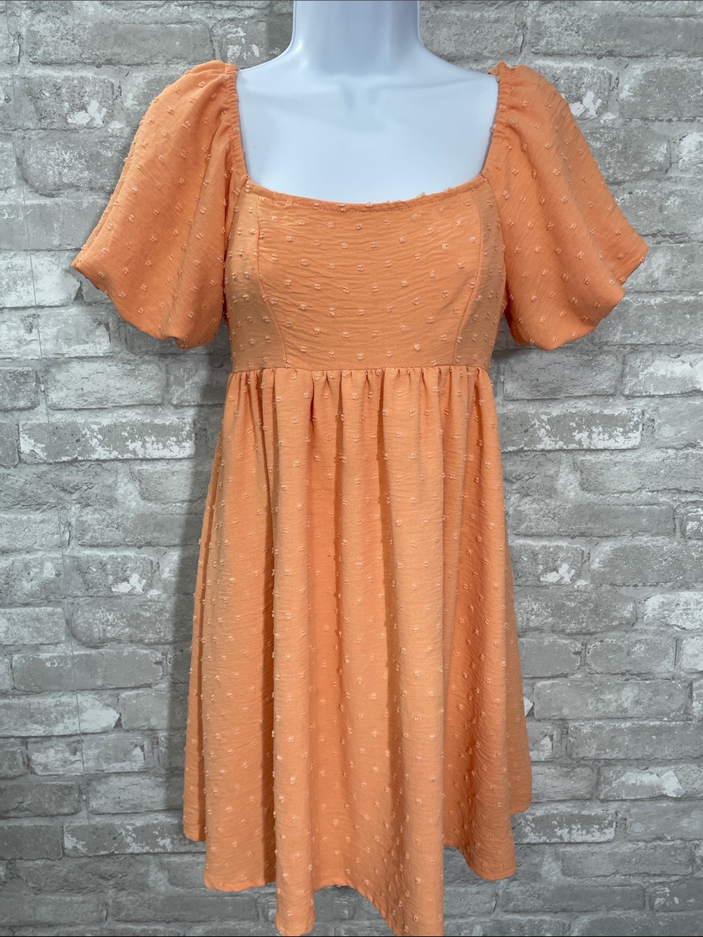 Altar'd State Peach Orange Swiss Dot Puff-Sleeve Mini Dress